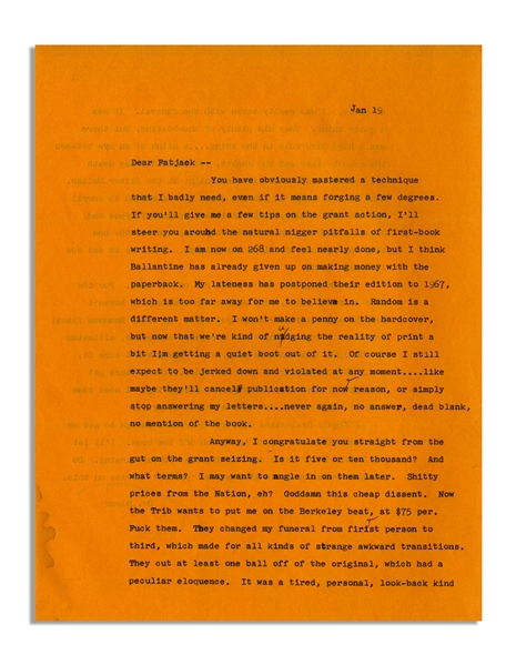 Hunter Thompson Letter From 1966 Regarding Hells Angels -- ...Of course I still expect to be jerked down and violated at any moment...like maybe theyll cancel publication for no reason...